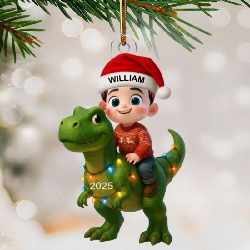 3D Effect Cute Cartoon Kid With Dinosaur Christmas - Personalized Acrylic Ornament - Unique Gift For Grandkids