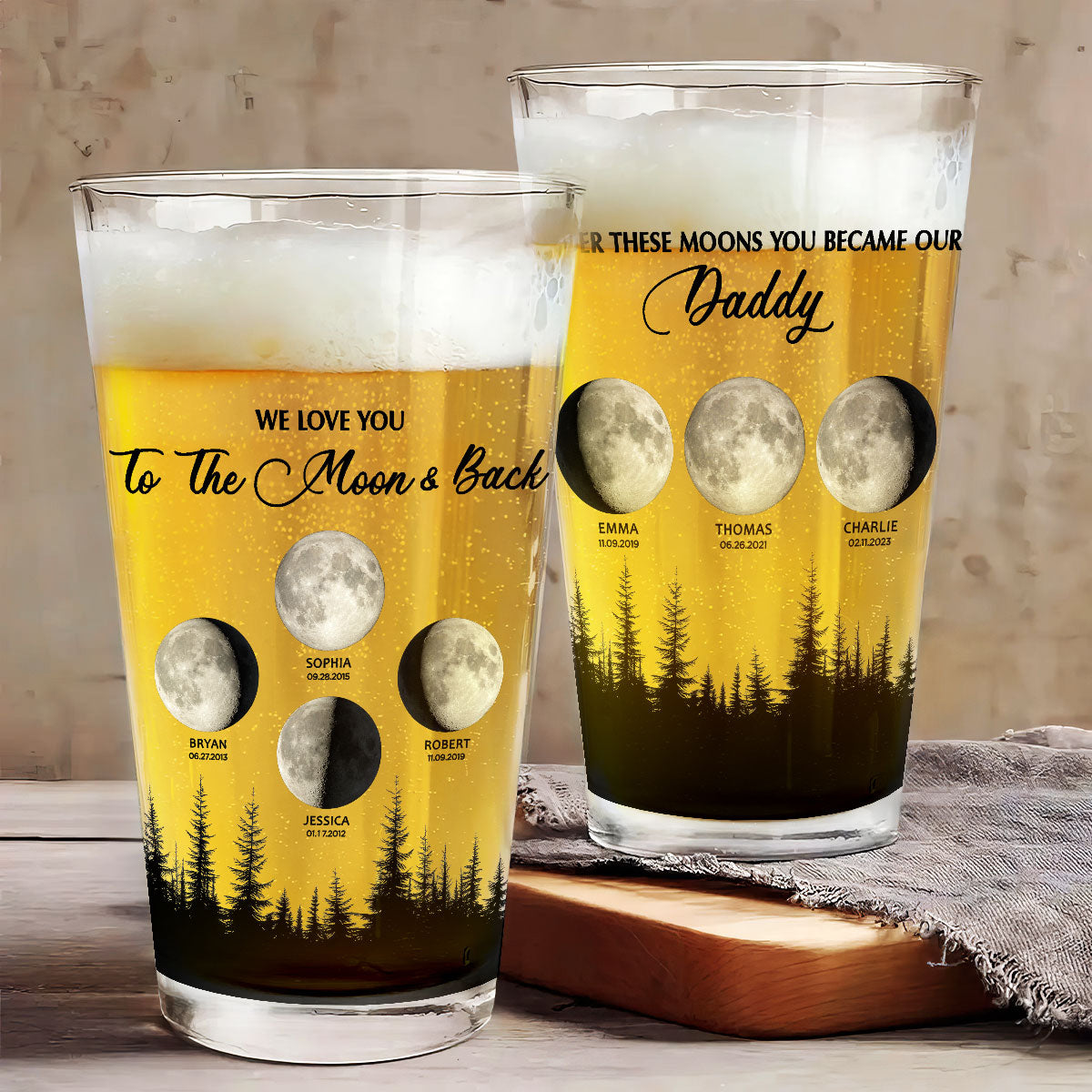 Under These Moon You Became Our Dad Grandpa Birth Moon Phase Art Personalized Beer Glass, Father's Day Gift