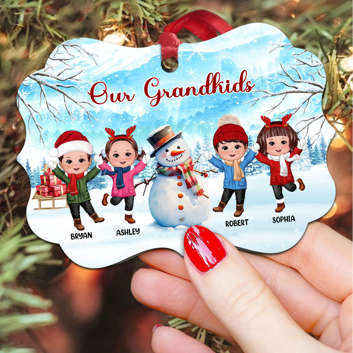 Happy Doll Kids Playing In Snow With Snowman Personalized Christmas Ornament
