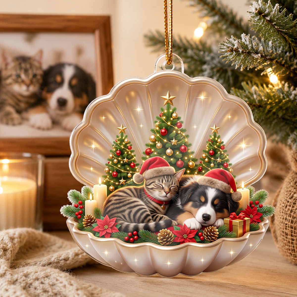 Dog Cat Sleeping in Pearl Shell - Personalized Acrylic Ornament - Christmas Gift for Pet Lovers