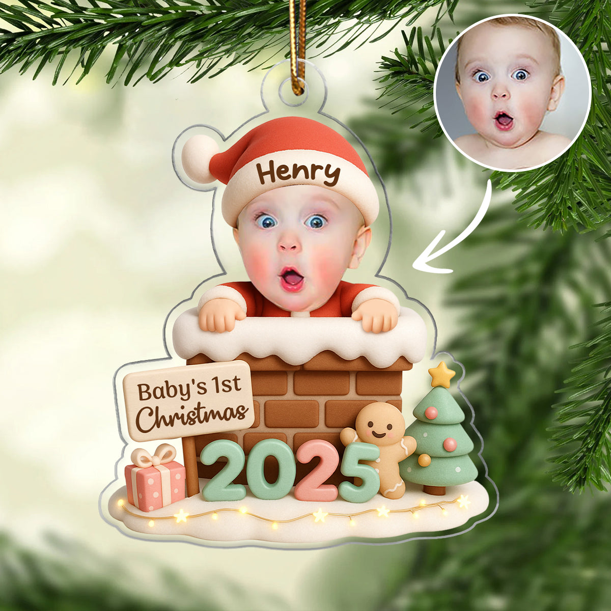 Santa Baby With Chimney Personalized Acrylic Ornament, Baby's 1st Christmas, Christmas Gift for Children, Grandchildren