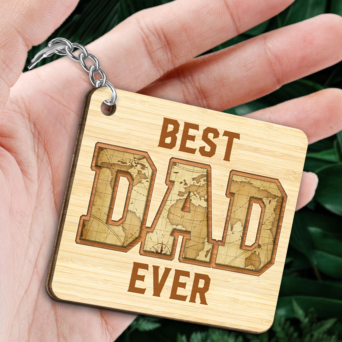 Dad And Kids Standing Front View World Map Personalized Wooden Keychain