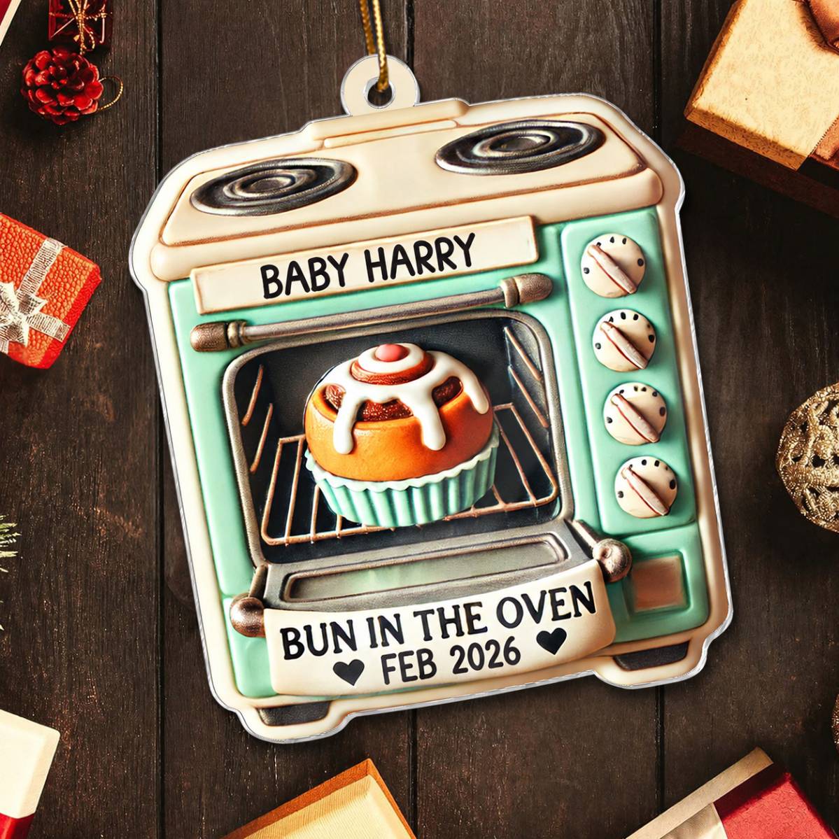 Vintage Bun In The Oven Pregnancy Announcement Keepsake Christmas Gingerbread 3D Effect Personalized Acrylic Ornament