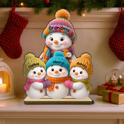 Snowman Grandma and Grandkids - Personalized Wooden Plaque - Fireplace Decor, Christmas Table Centerpiece