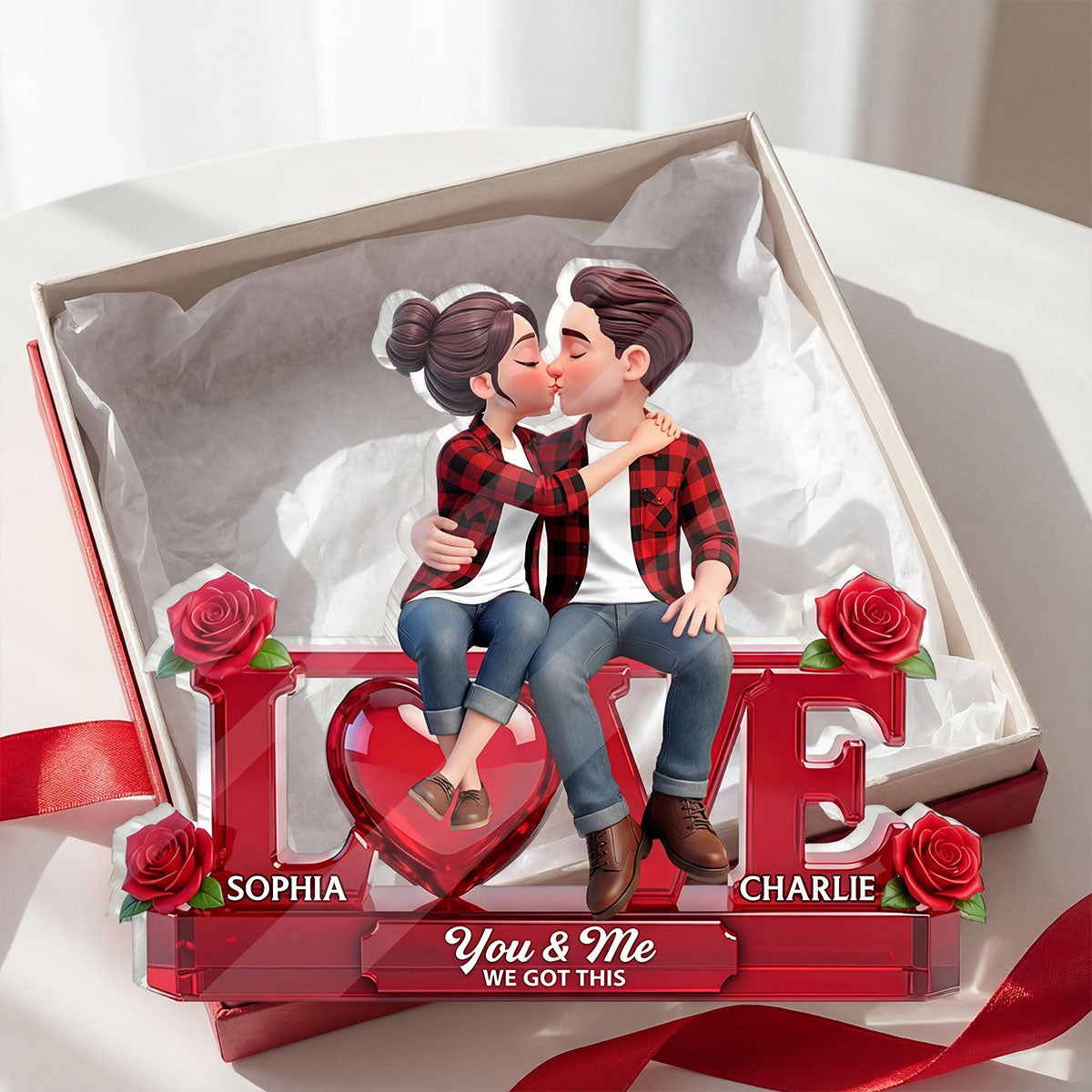 Roses LOVE Couple Sitting Kissing - Personalized Acrylic Block Plaque - Valentine's Day Gift For Couple, For Him, For Her