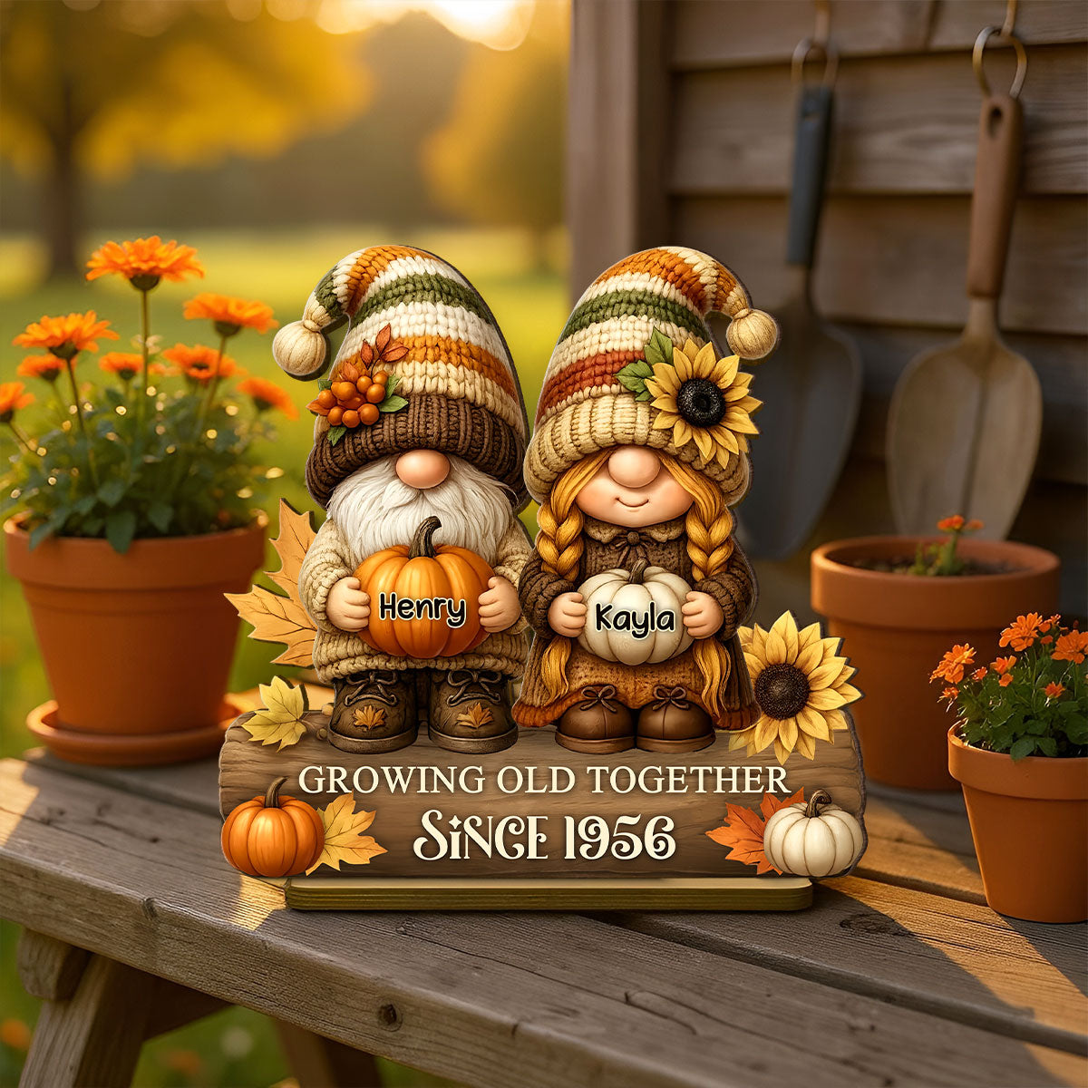 Gnome Couple Growing Old Together Personalized Standing Wooden Plaque, Fall Decor for Couple