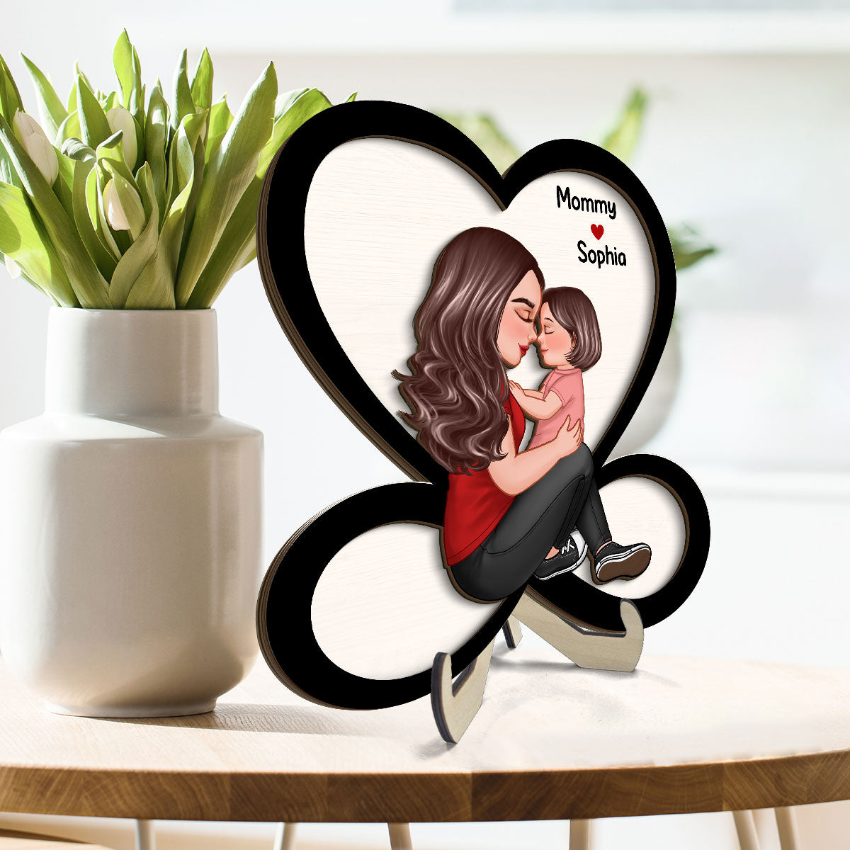 Grandma Mom Holding Kid Sitting On Heart Infinity Personalized 2-layer Wooden Plaque