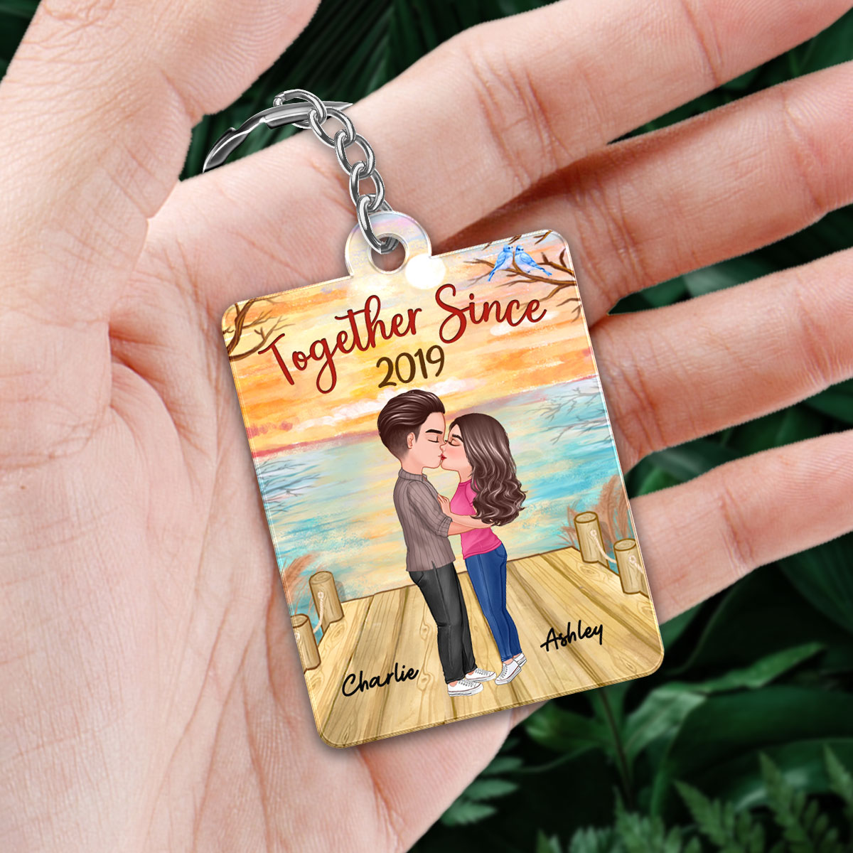 Lake View Doll Couple Kissing Favorite Song Scannable QR Code Personalized Acrylic Keychain