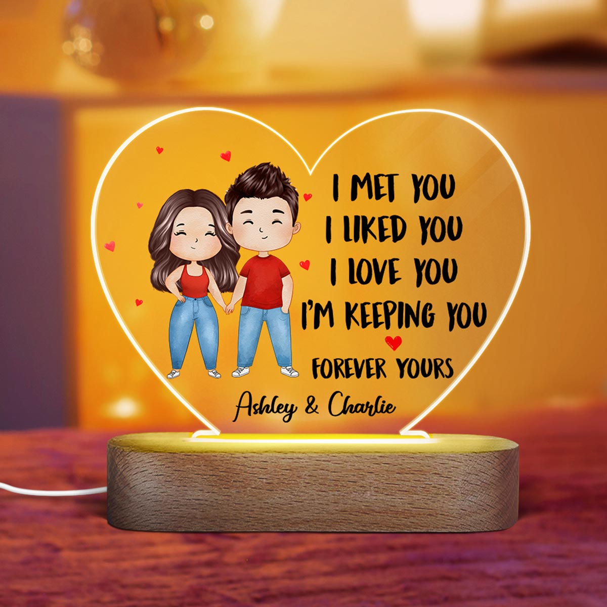 Watercolor Couple Standing I Met You Gift For Him For Her Personalized Acrylic Heart Plaque LED Night Light