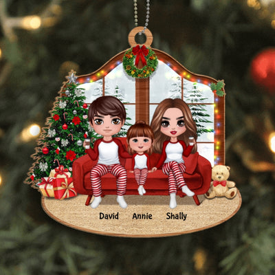 Christmas Doll Family On Sofa Personalized Wooden Ornament