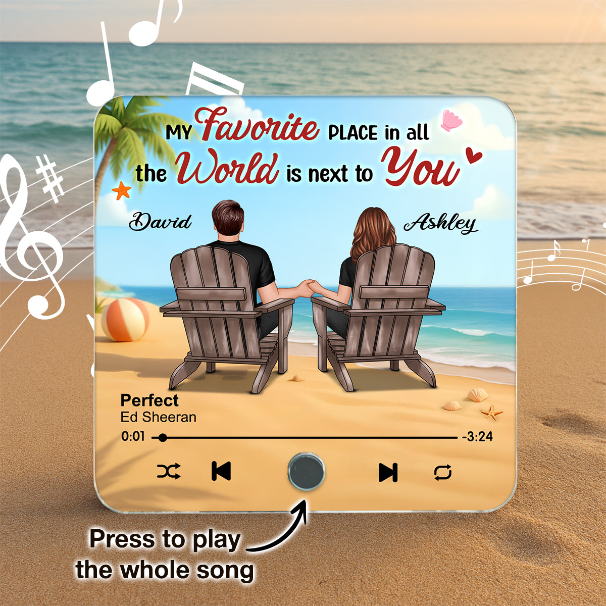 My Favorite Place in All the World is Next to You, Summer Couple Sitting Back View Personalized Music Fridge Magnet