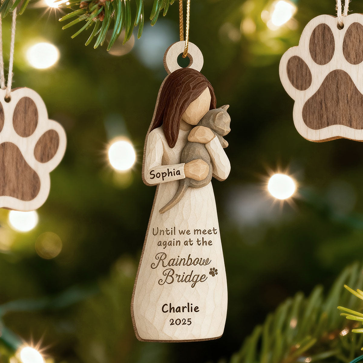 Until We Meet At Rainbow Bridge Woman & Cat 3D Effect - Personalized Wooden Ornament - Memorial Keepsake