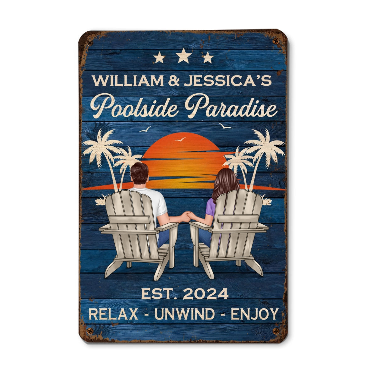 Swimming Pool Zone Decor Couple Sitting Personalized Metal Sign