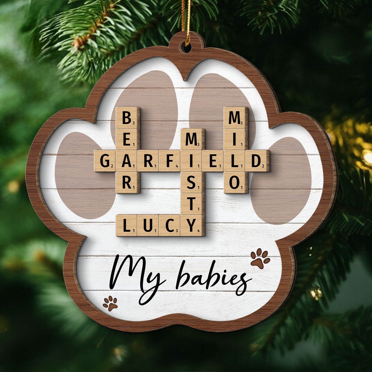 Pet Names Crossword Puzzle Art Personalized Paw Shaped 2-Layer Wooden Ornament [Can add up to 20 pet names]