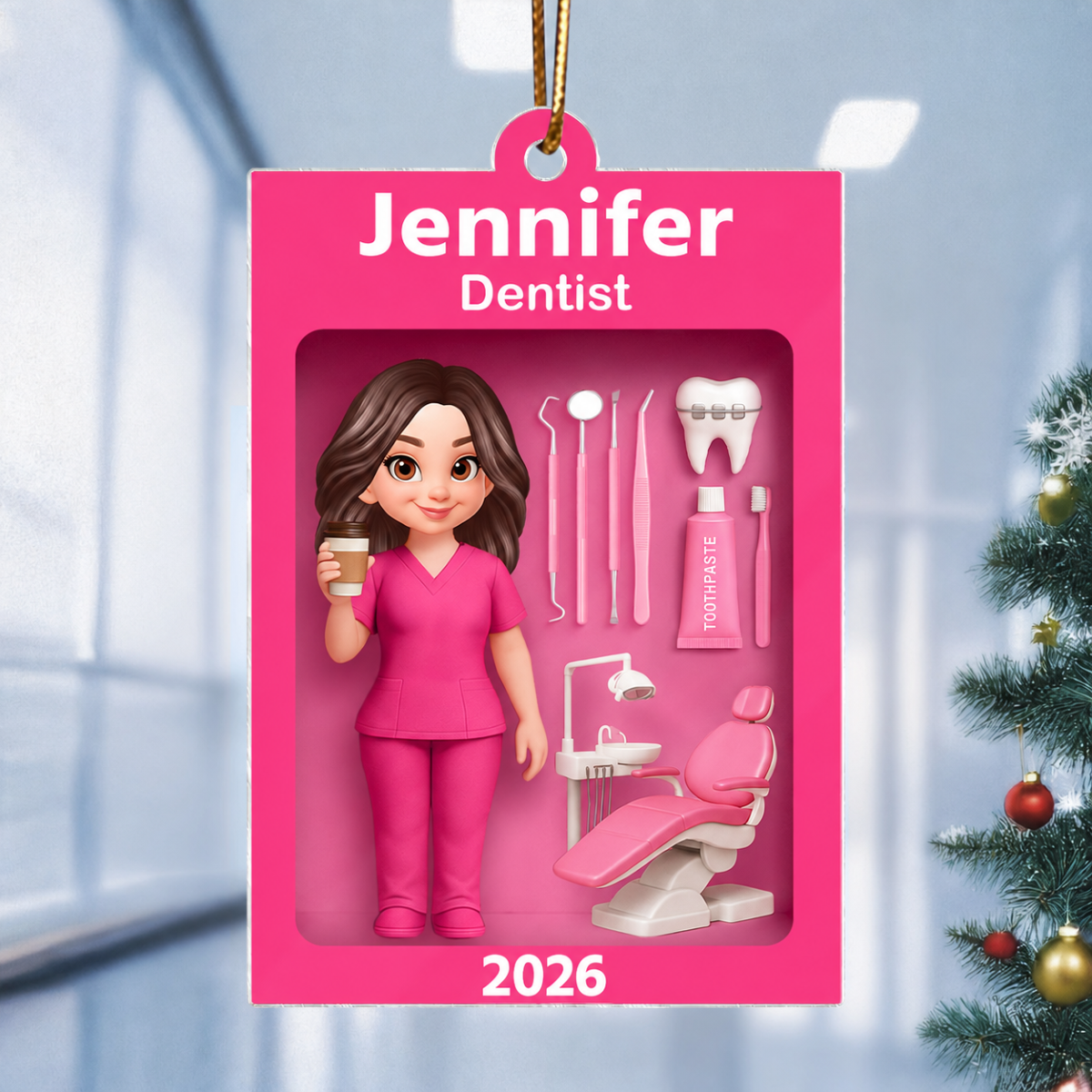 Pink Dentist Action Figure - Personalized Acrylic Ornament - Unique Christmas Gift For Dentist