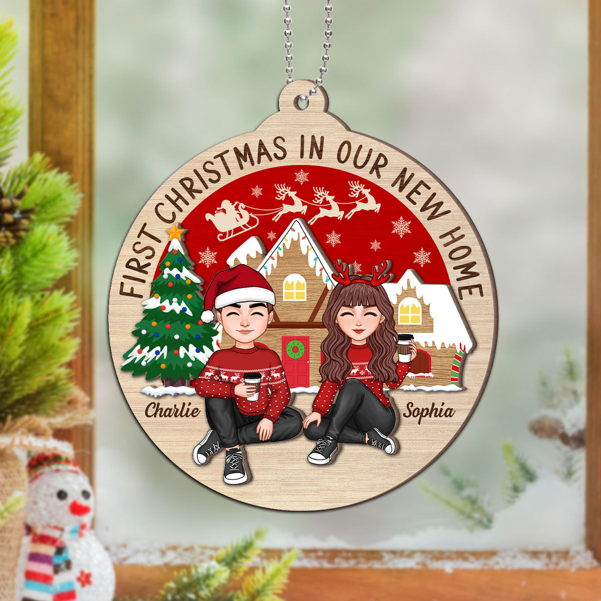 First Christmas In Our New Home Couple Sitting Personalized 2-Layer Wooden Ornament