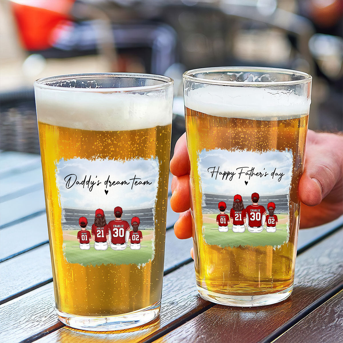 Daddy's Team Baseball Family Sitting Personalized Beer Glass, Unique Birthday Gift For Dad, Father's Day Gift