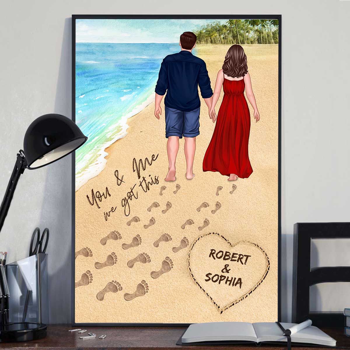 Couple Walking On Beach Footprints On Sand Personalized Vertical Poster