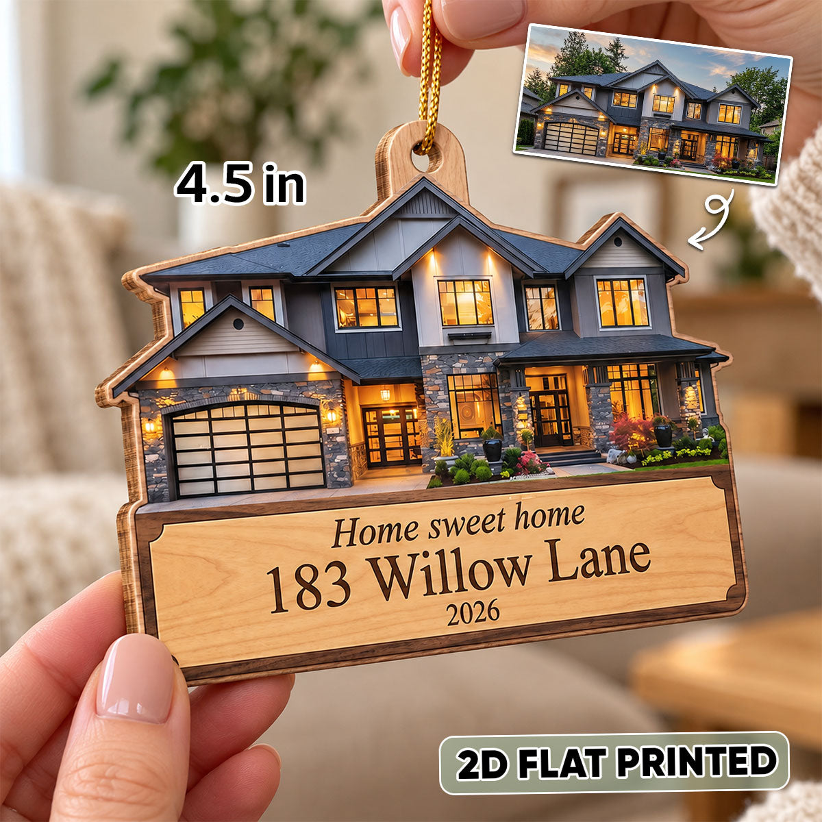 Custom New Home Portrait from Photo - Personalized Wooden Ornament - Christmas Gift for Daughter, Son, Family, Friends, Housewarming Gift