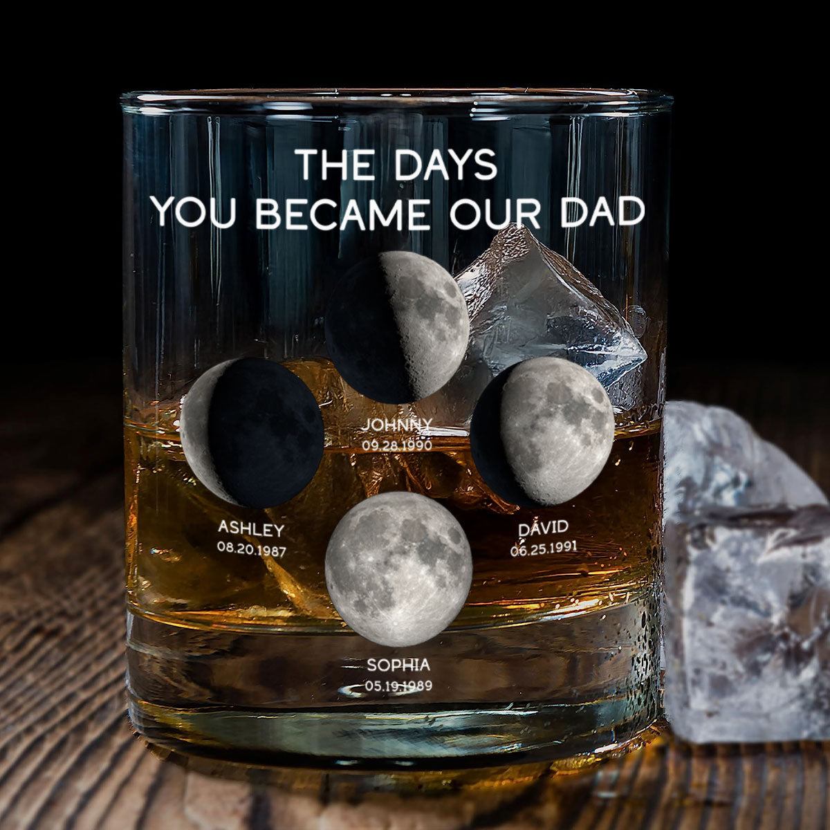 The Days You Became Our Dad Custom Birthday Moon Phase Personalized Whiskey Glass
