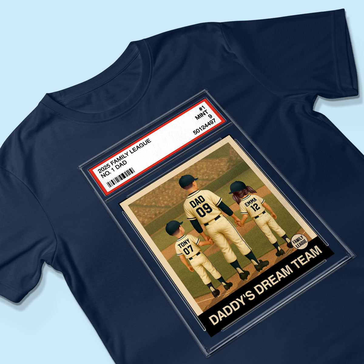 Baseball No. 1 Dad Grandpa Man & Kids Trading Card Style Personalized Shirt