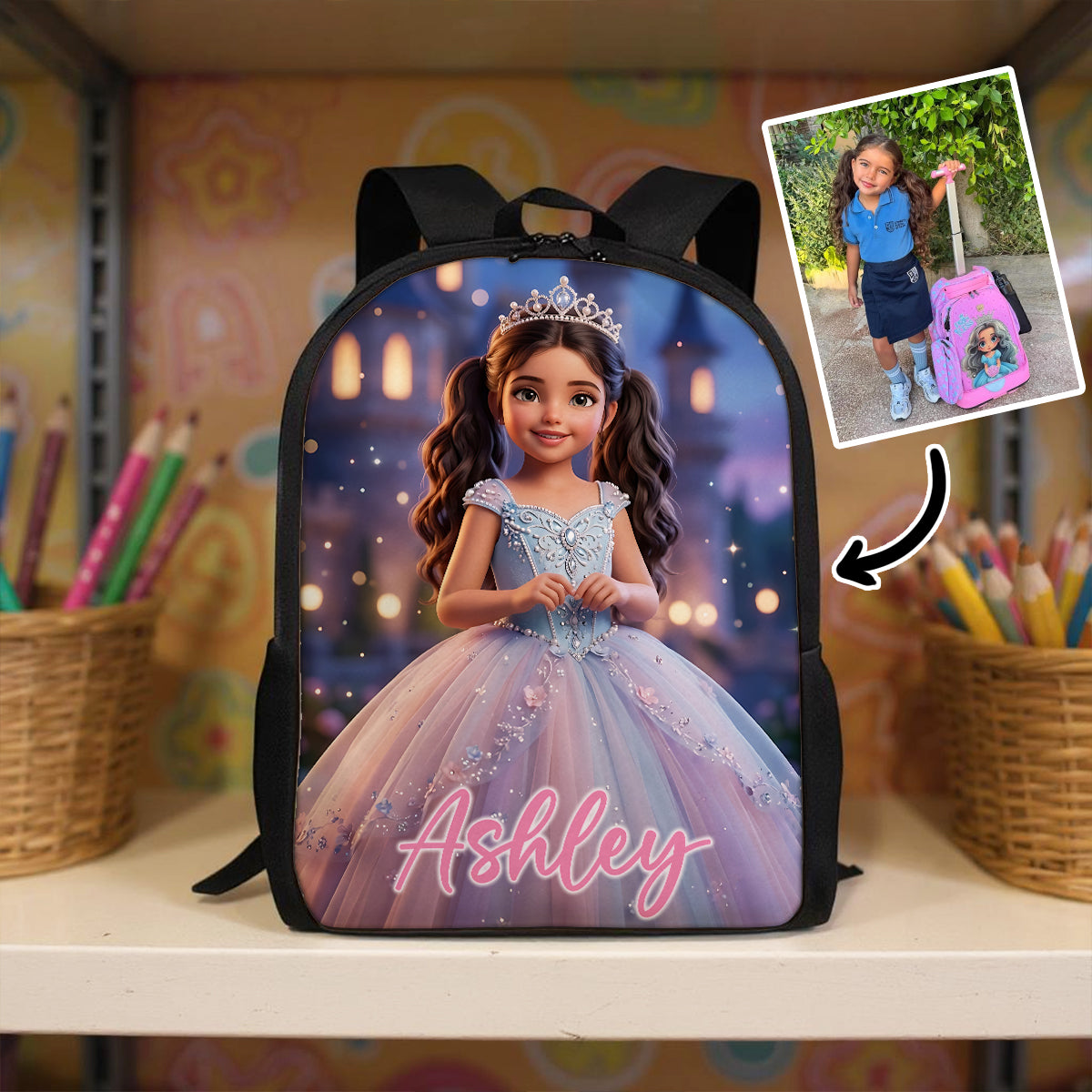 Blue Princess Portrait - Personalized Backpack - Back to School Gift for Daughter, Granddaughter, Niece
