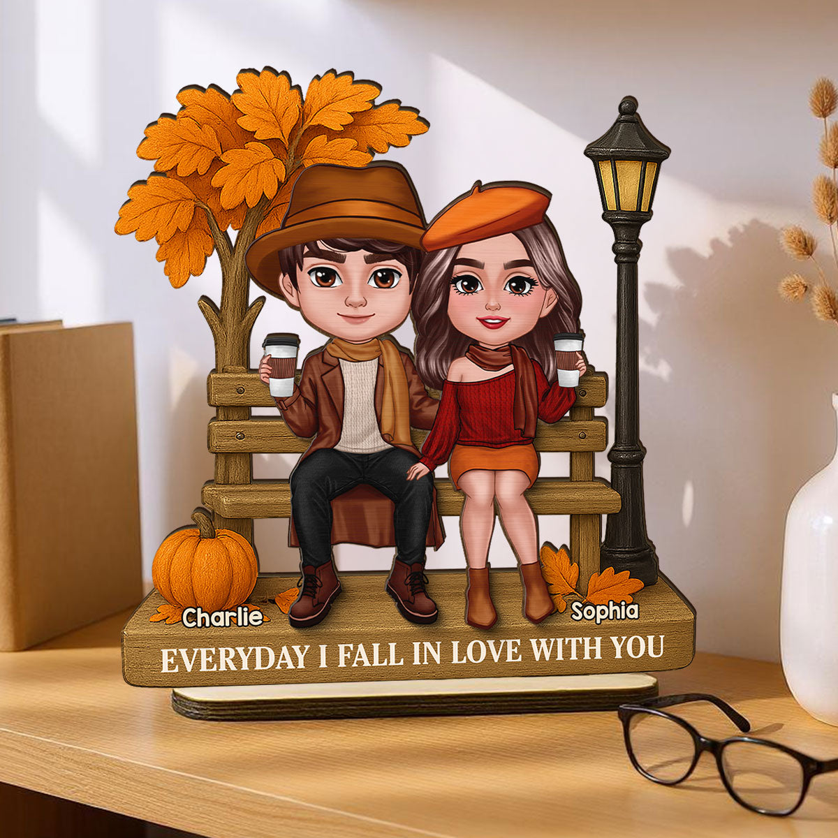 3D Effect Fall Season Couple Sitting On The Bench Personalized 2-Layer Standing Wooden Plaque