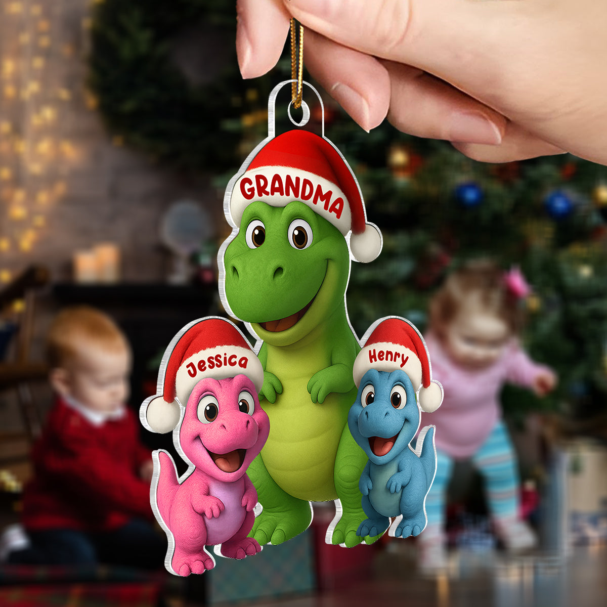 3D Effect Cute Christmas Dinosaur Grandmasaurus And Grandkids - Personalized Acrylic Ornament - Gift For Grandkids, Grandmas