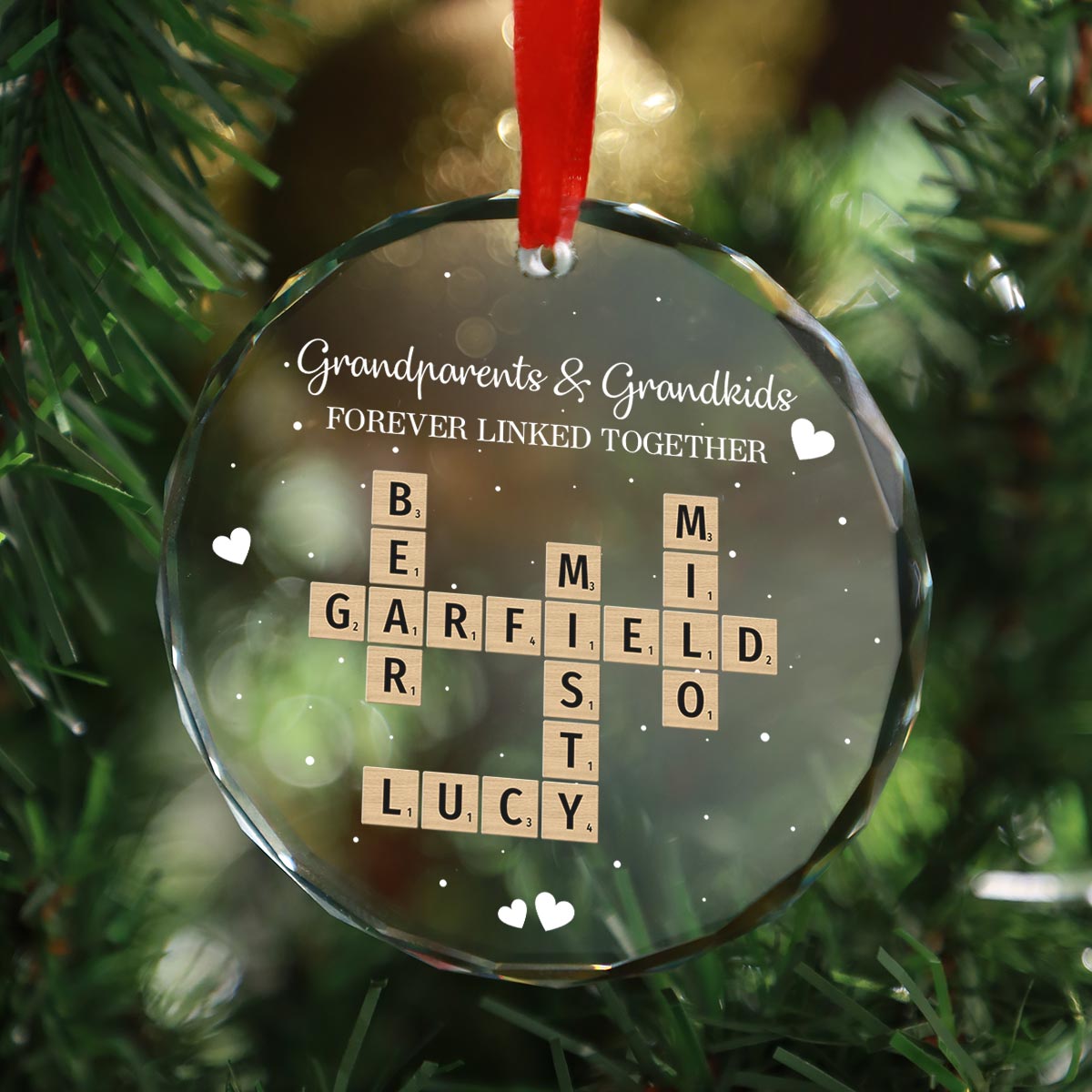 Grandpa Grandma Grandparents And Grandkids Forever Linked Together Crossword Puzzle Art Personalized Glass Ornament