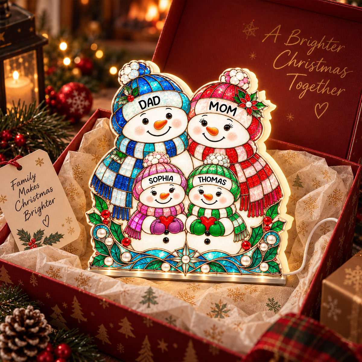 Cute Snowman Grandparents & Grandkids Stained Glass Style 2D Flat Printed - Personalized Light Box - Christmas Decor For Family, Grandma, Grandpa