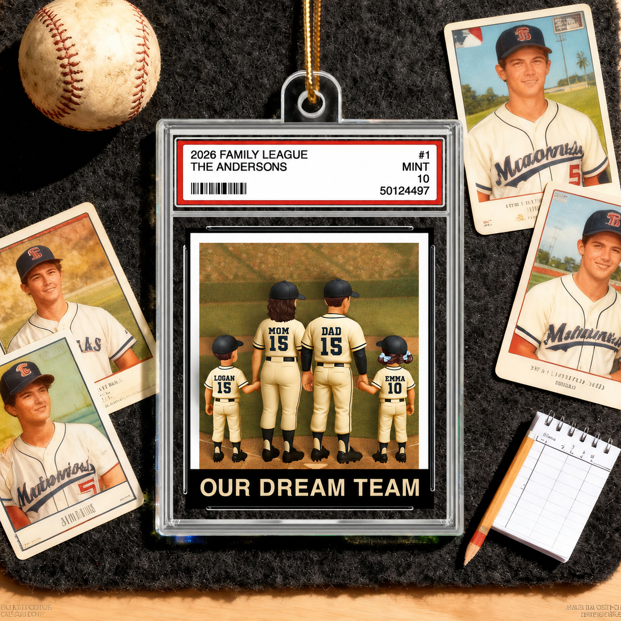 Baseball Family Couple & Kids Trading Card Style - Personalized Acrylic Ornament - Christmas Decor For Baseball Lovers