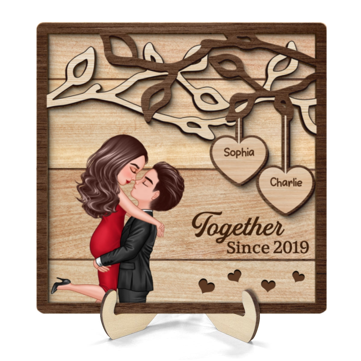 Couple Kissing Under Tree Hugging Kissing Couple Personalized 2-Layer Wooden Plaque