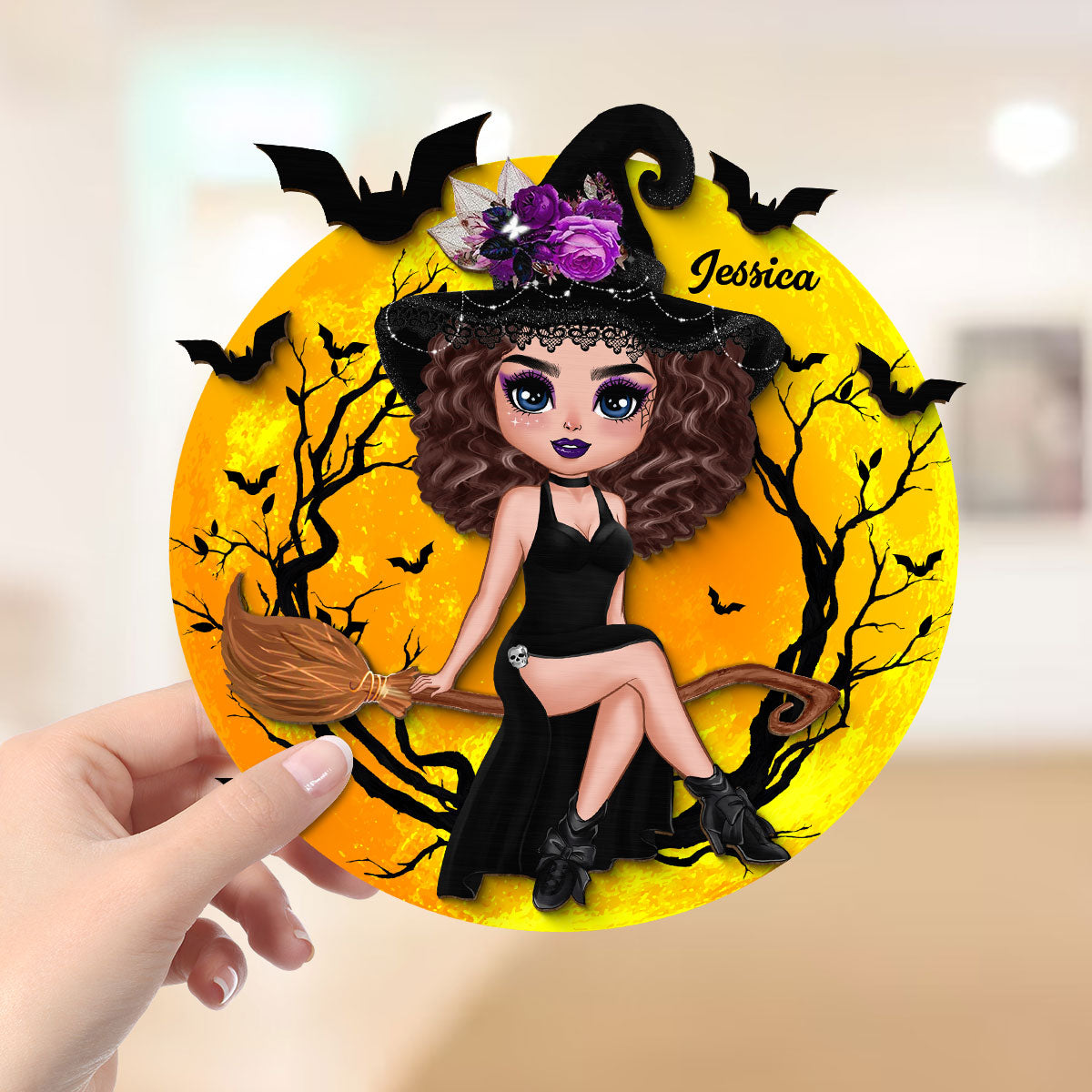 Halloween Witch Sitting On Broom Personalized 2-Layer Wooden Plaque, Halloween Decoration