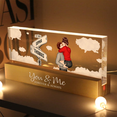Couple Kissing Beside Street Signs Personalized Acrylic Block LED Night Light, Gift For Him, For Her, Boyfriend, Girlfriend, Husband, Wife