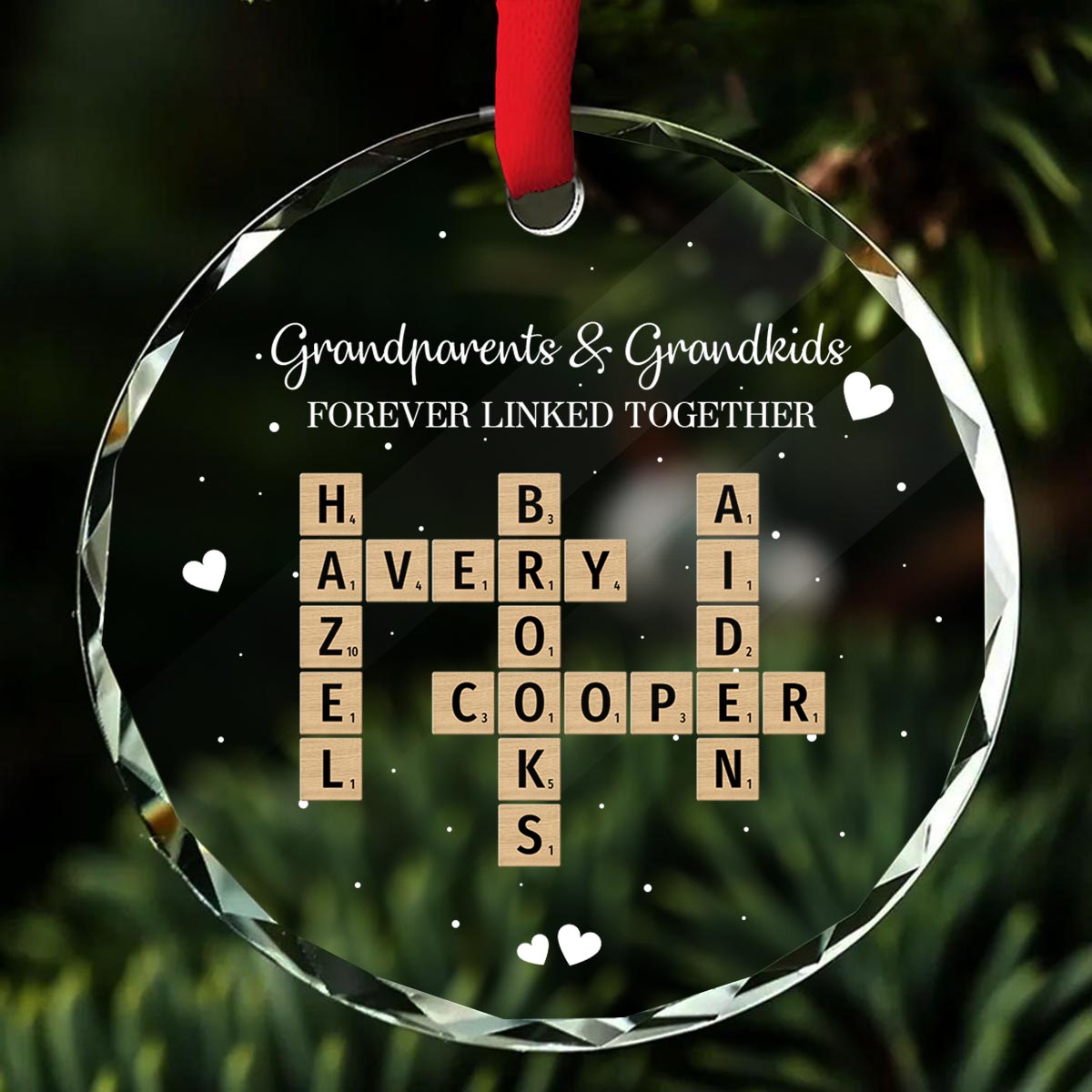 Grandpa Grandma Grandparents And Grandkids Forever Linked Together Crossword Puzzle Art Personalized Glass Ornament