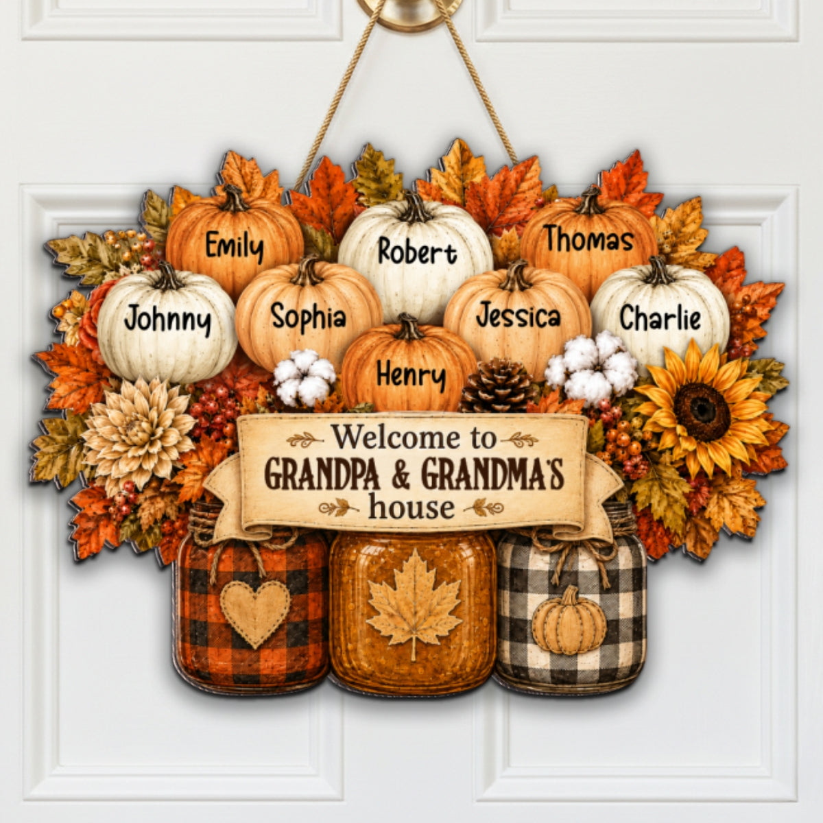 Cozy Warm Fall Season Mason Jars Pumpkins Welcome To Grandma Grandpa House - Personalized Wood Sign - Fall Decoration For Grandparents