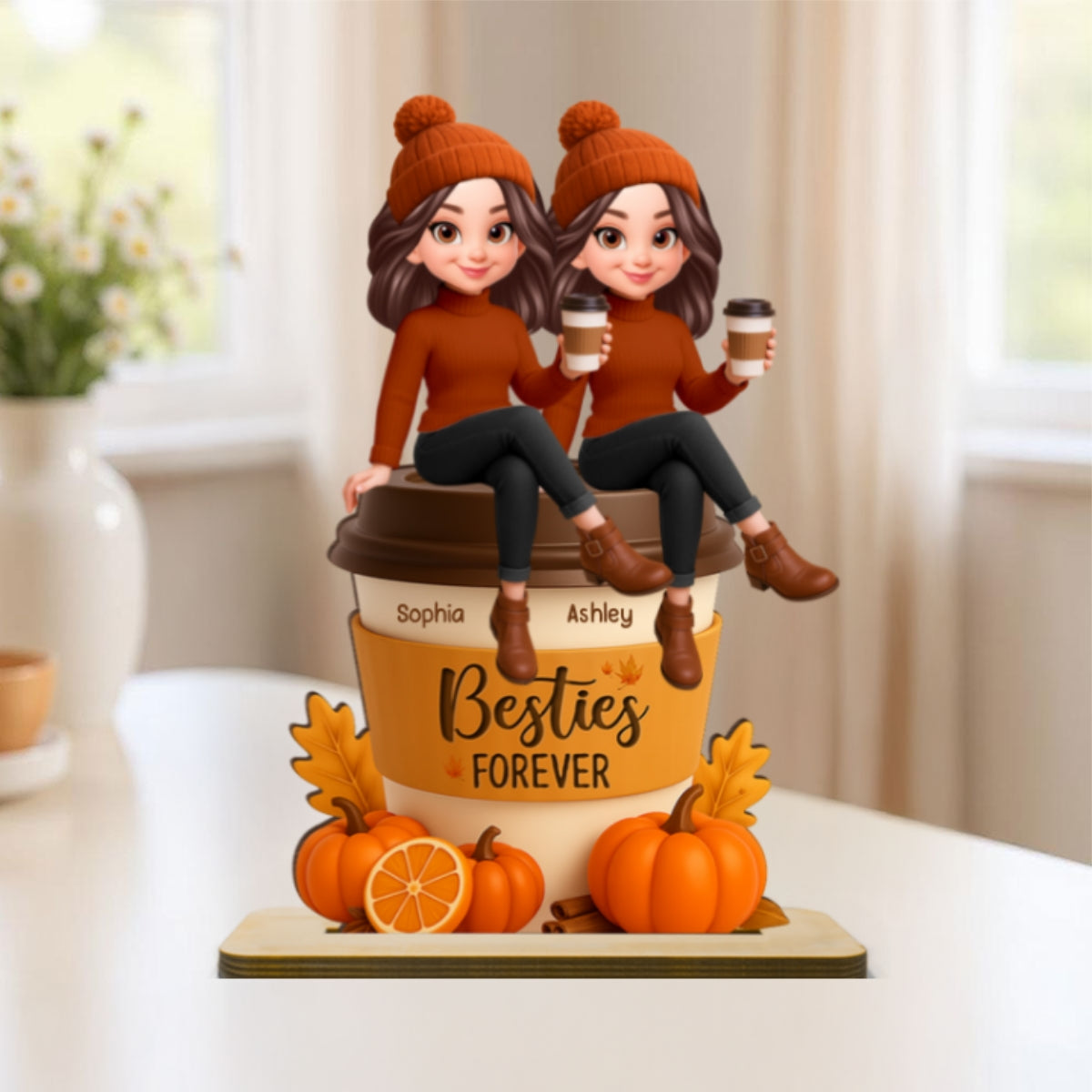 Fall Season Besties Sitting On Pumpkin Spice Latte Personalized Standing Wooden Plaque