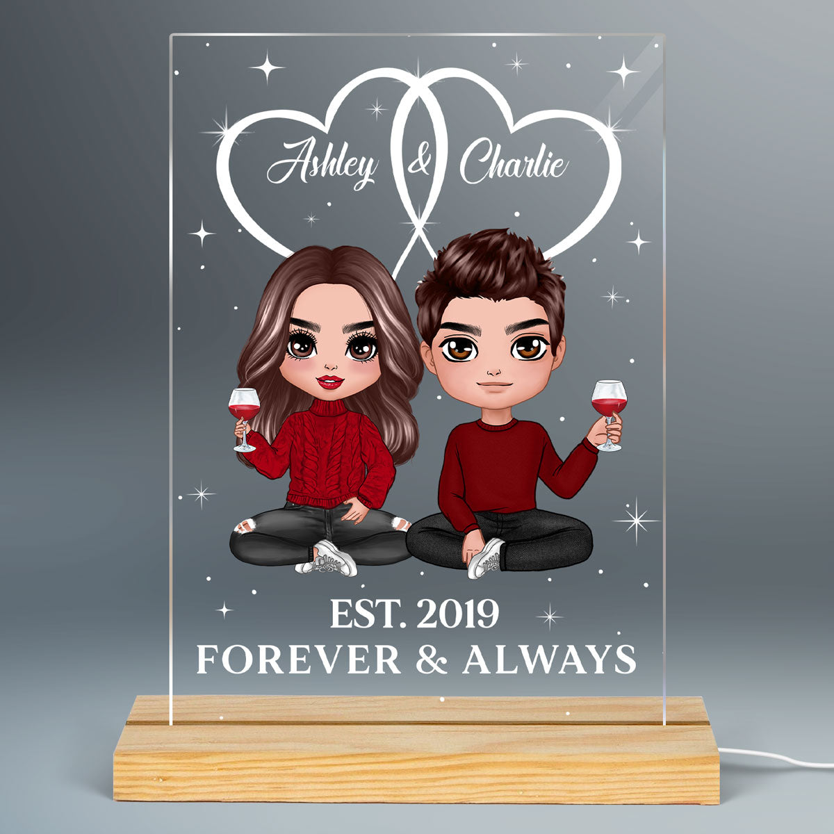 Two Heart Joined Together Couple Sitting Personalized Plaque LED Night Light