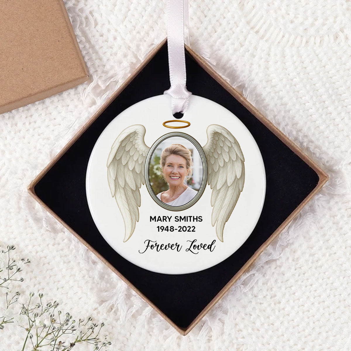 Heavenly Halo & Wings Memorial Ceramic Ornament, Personalized Keepsake Christmas Ornament, Sympathy Gift For Loss Of Loved Ones