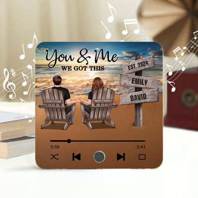Romantic Beach Landscape Couple Sitting Holding Hands Sign Posts Personalized Bluetooth Music Fridge Magnet, Heartfelt Gift For Couple, For Him, For Her, Boyfriend, Girlfriend, Husband, Wife