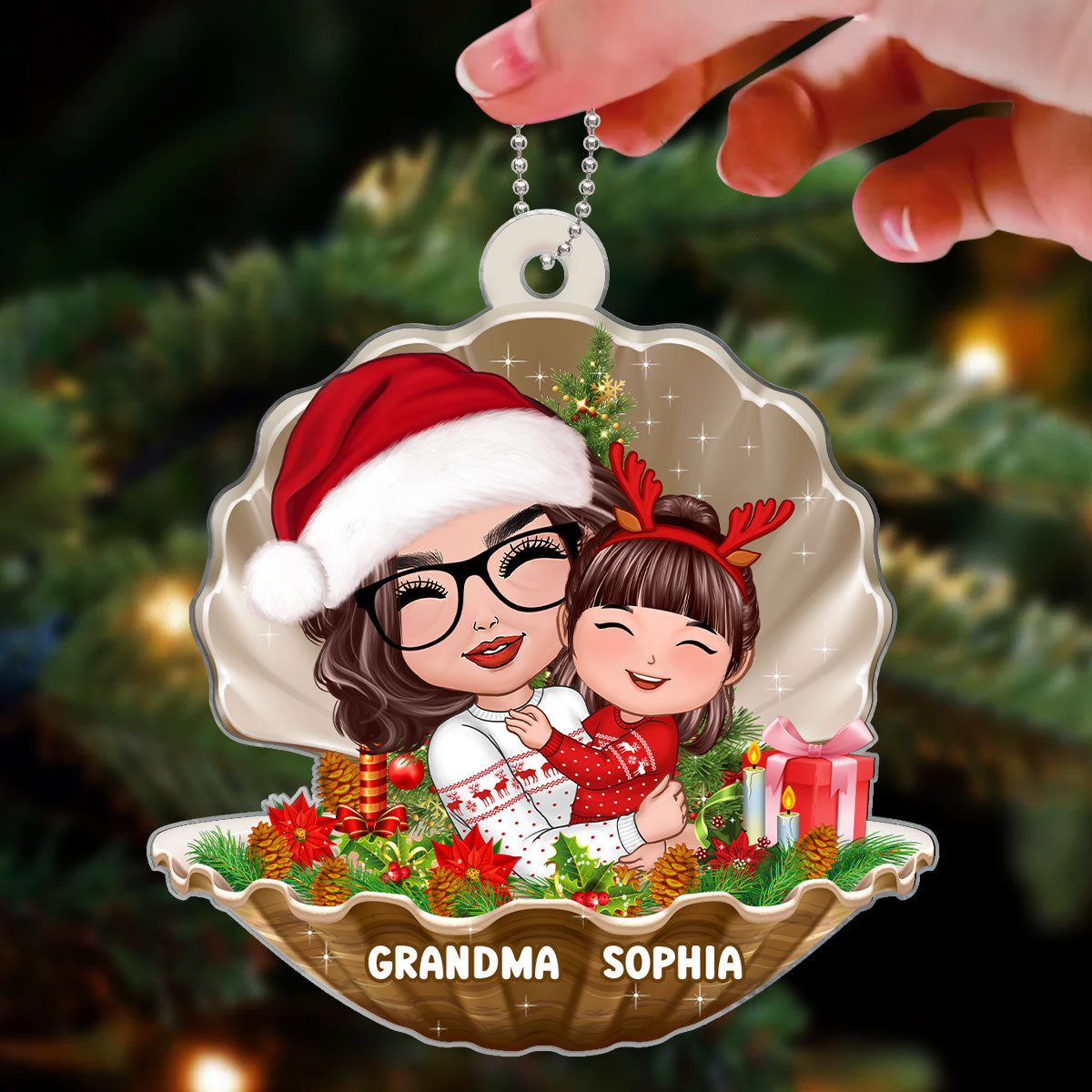 Doll Grandma Hugging Grandkid In Pearl Shell Christmas Gift For Granddaughter Grandson Personalized Acrylic Ornament