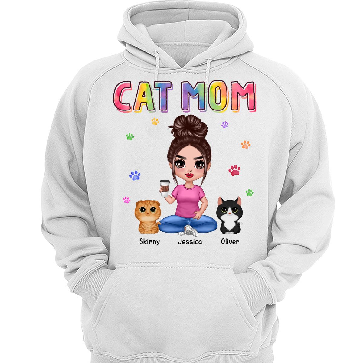 Colorful Paws Cat Mom Doll Woman Sitting With Watercolor Cute Cats Personalized Shirt