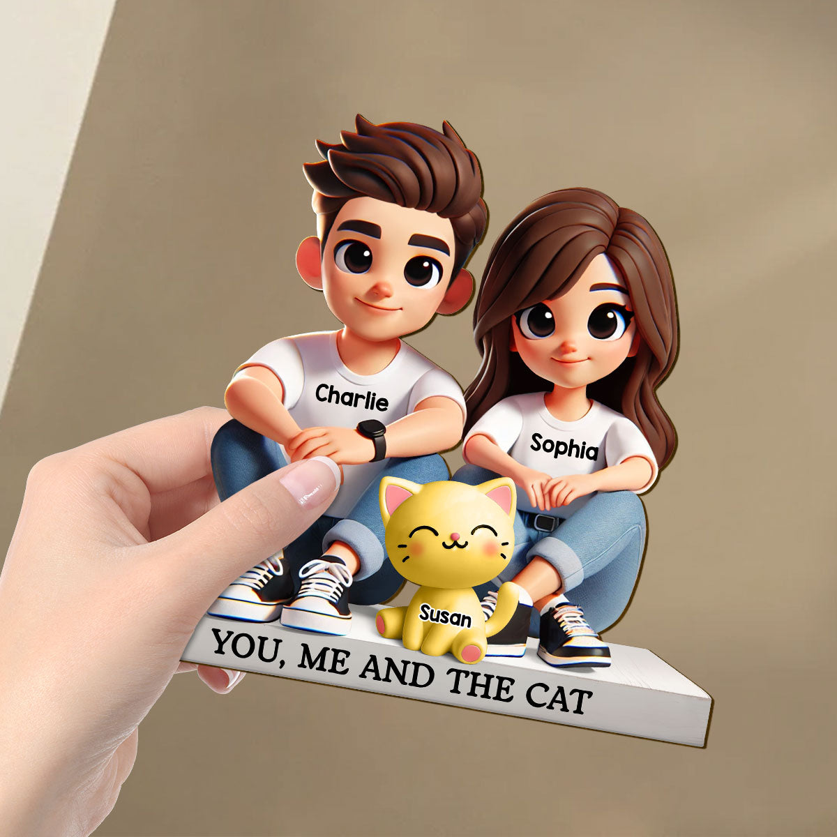 3D Effect Cute Couple And Dogs Cats Personalized Standing Wooden Plaque, Anniversary Gift,  gift, Couple Keepsake
