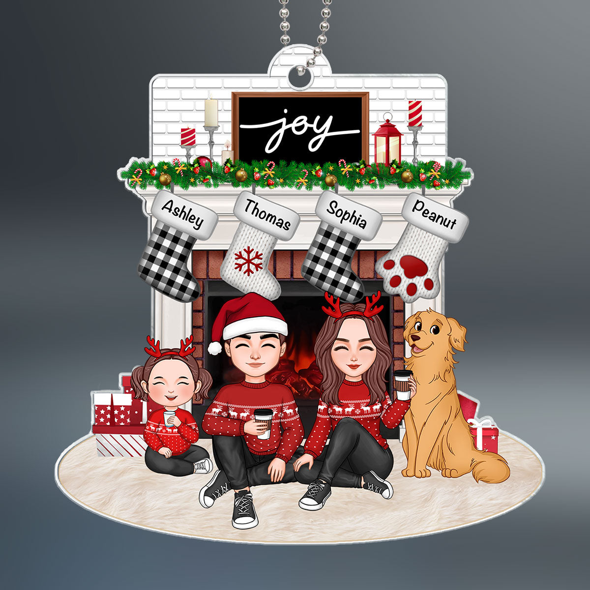 Cute Family Dad Mom Kids Dogs Cats Sitting At Christmas Fireplace Personalized Acrylic Ornament