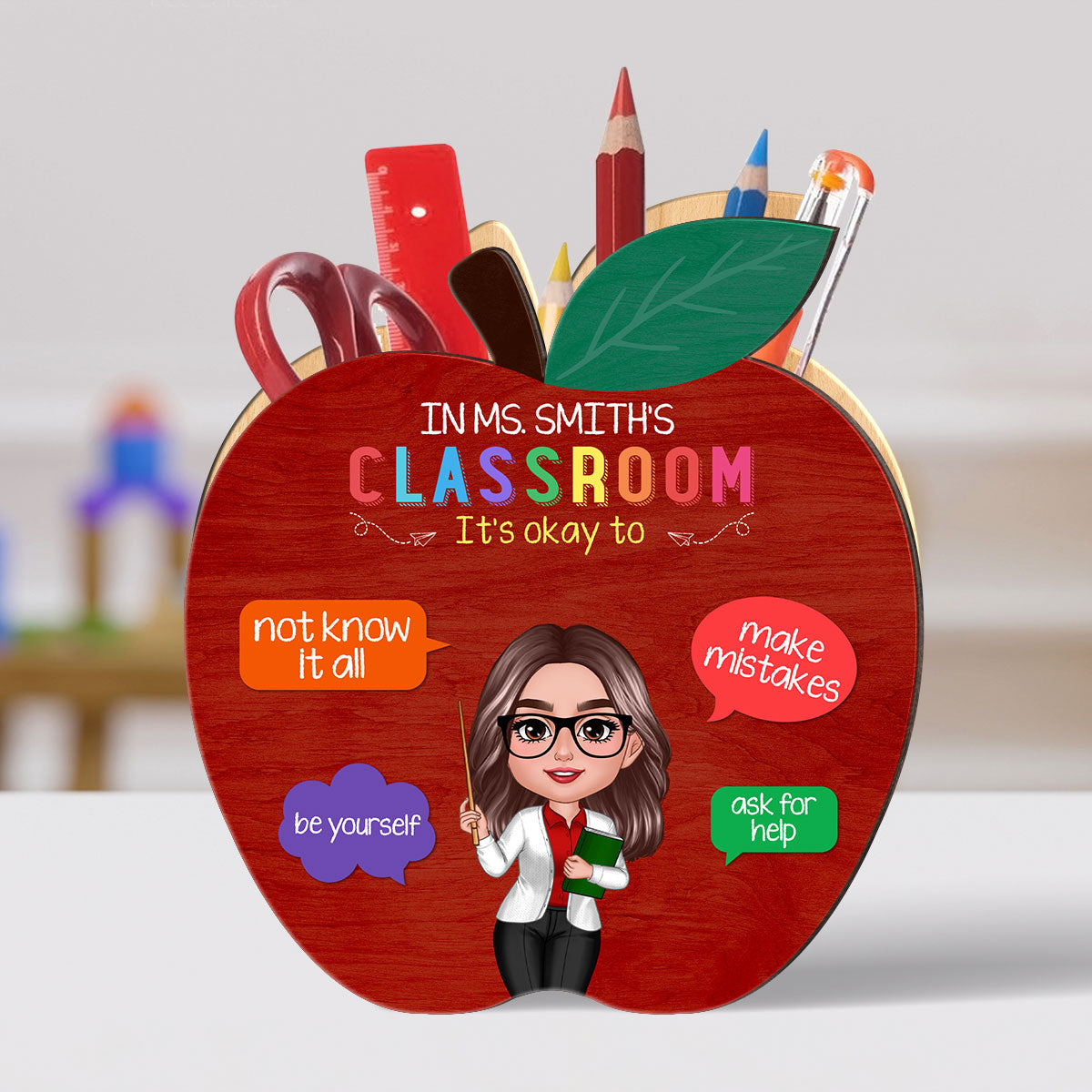 In This Classroom Personalized Apple Shaped Pen Pencil Holder, Back-to-School Gift for Teachers