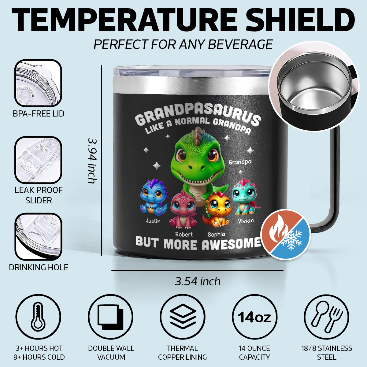 3D Effect Dinosaurs Daddysaurus Grandpasaurus Personalized Stainless Tumbler With Handle, 2025 Father's Day Gift For Grandpa