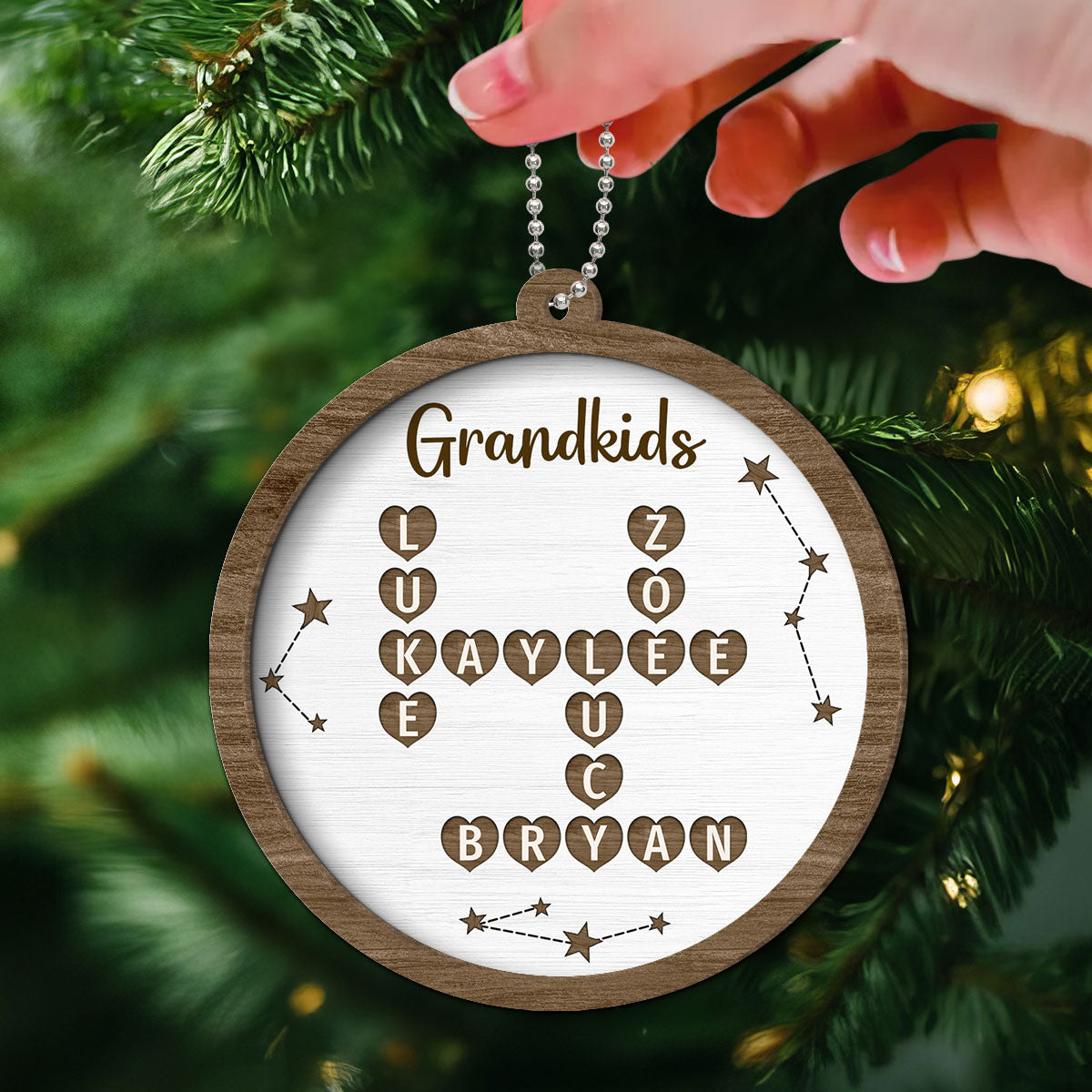 Grandkids Family Heart Crossword Art Puzzle Personalized 2-Layer Wooden Ornament