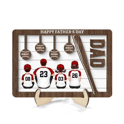 Baseball Dad And Kids Sitting Back View Personalized 2-Layer Wooden Plaque