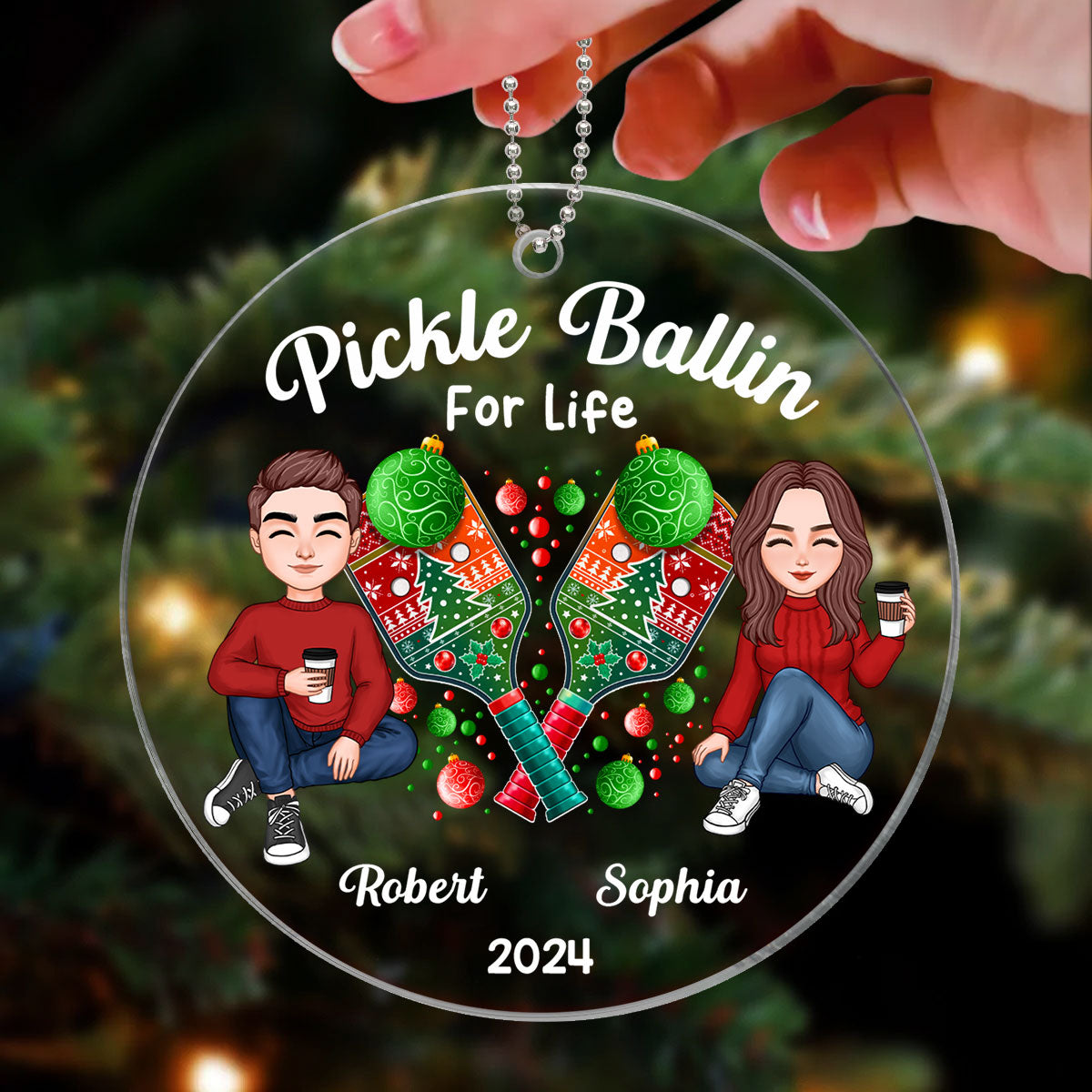 Pickle Ballin For Life Happy Christmas Couple Friends Personalized Acrylic Ornament