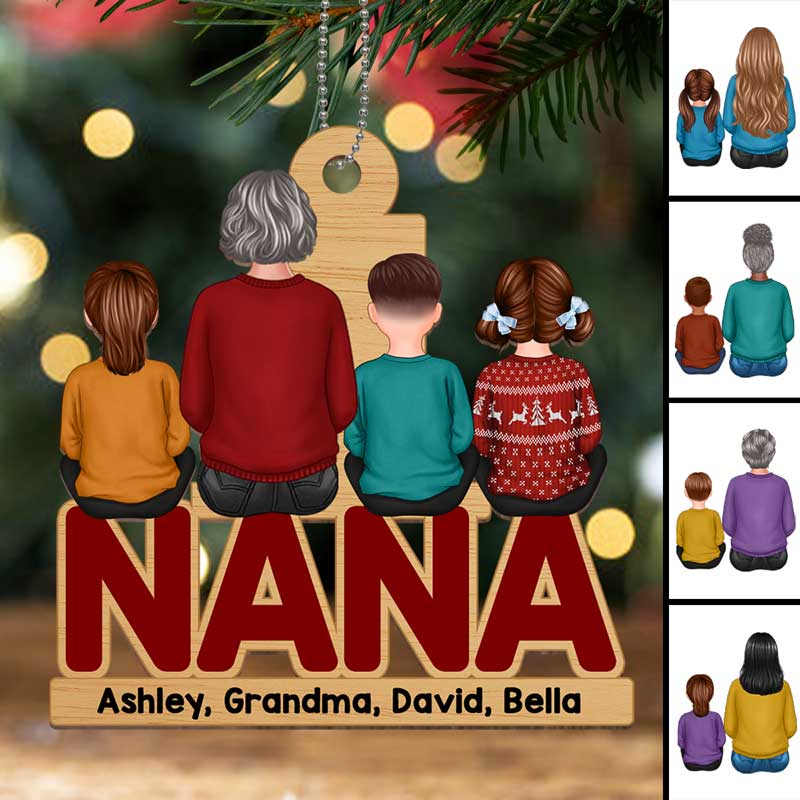 Grandma & Grandkids Back View Sitting 2026 Personalized Wooden Ornament